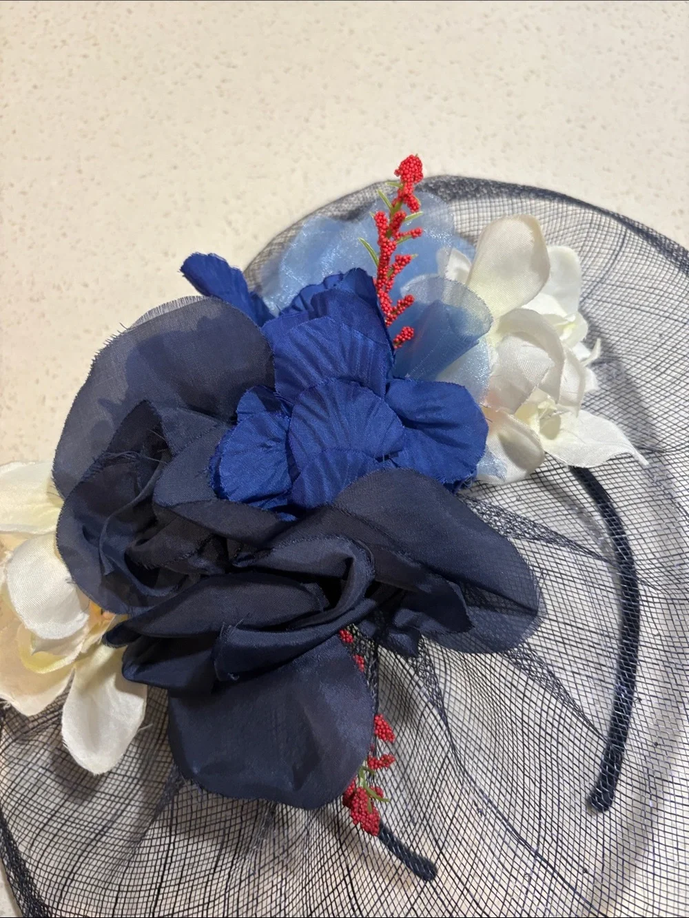 Nordstrom Navy Mesh Headband with Blue and White Floral Accents